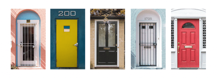 A row of five different doors in various colors and style.