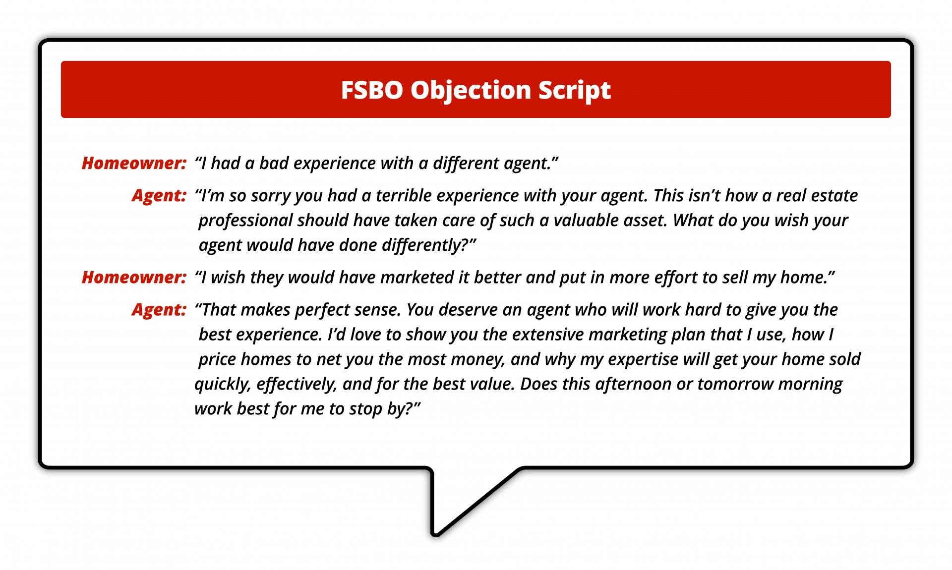 "Infographic titled 'FSBO Objection Script,' showing a conversation between a homeowner and agent addressing concerns about a previous bad experience with an agent and offering solutions to improve marketing and sales efforts."