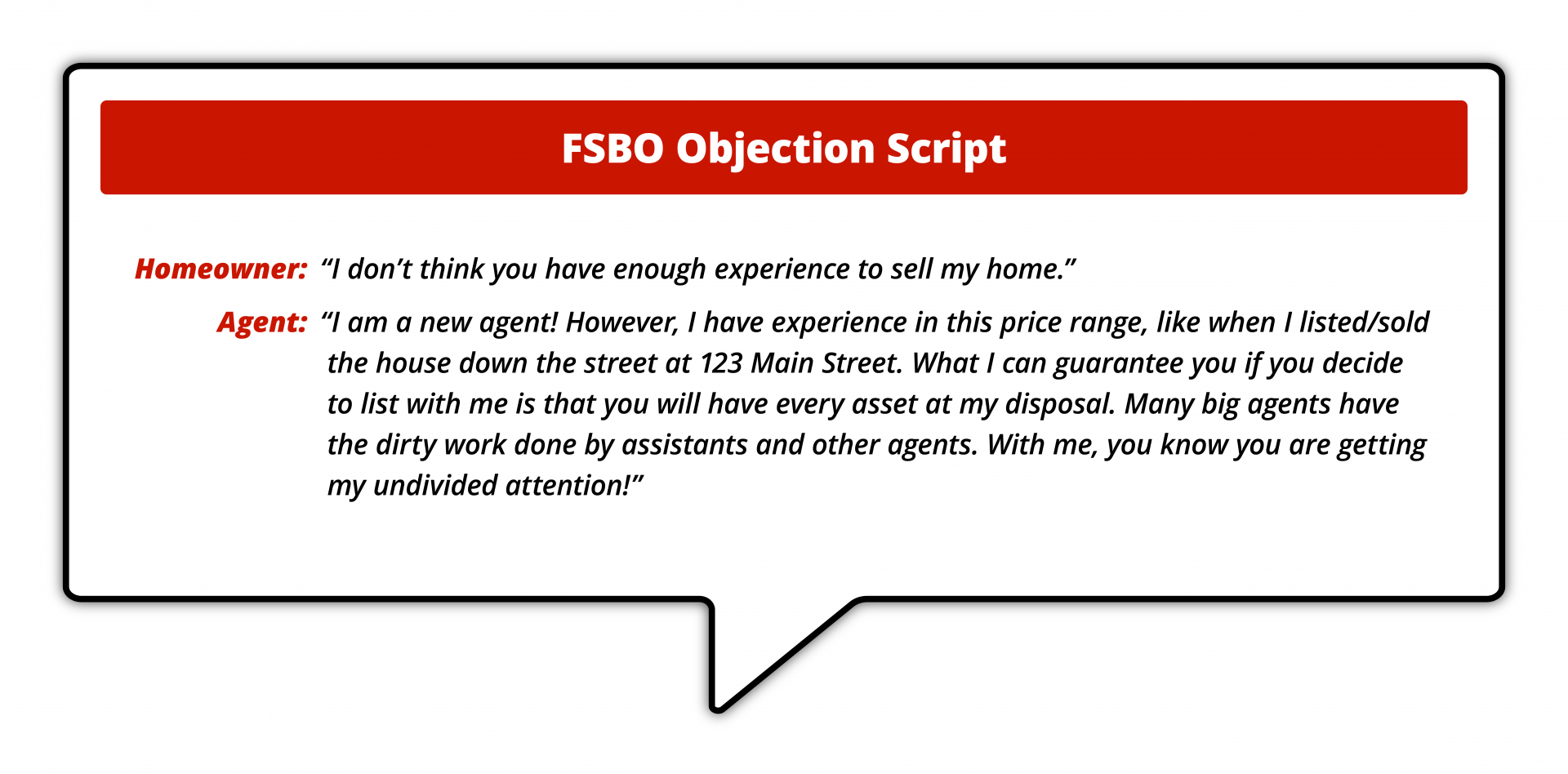 "Infographic titled 'FSBO Objection Script,' showing a conversation between a homeowner and agent. The homeowner questions the agent's experience, and the agent responds by highlighting their relevant experience and personalized attention."