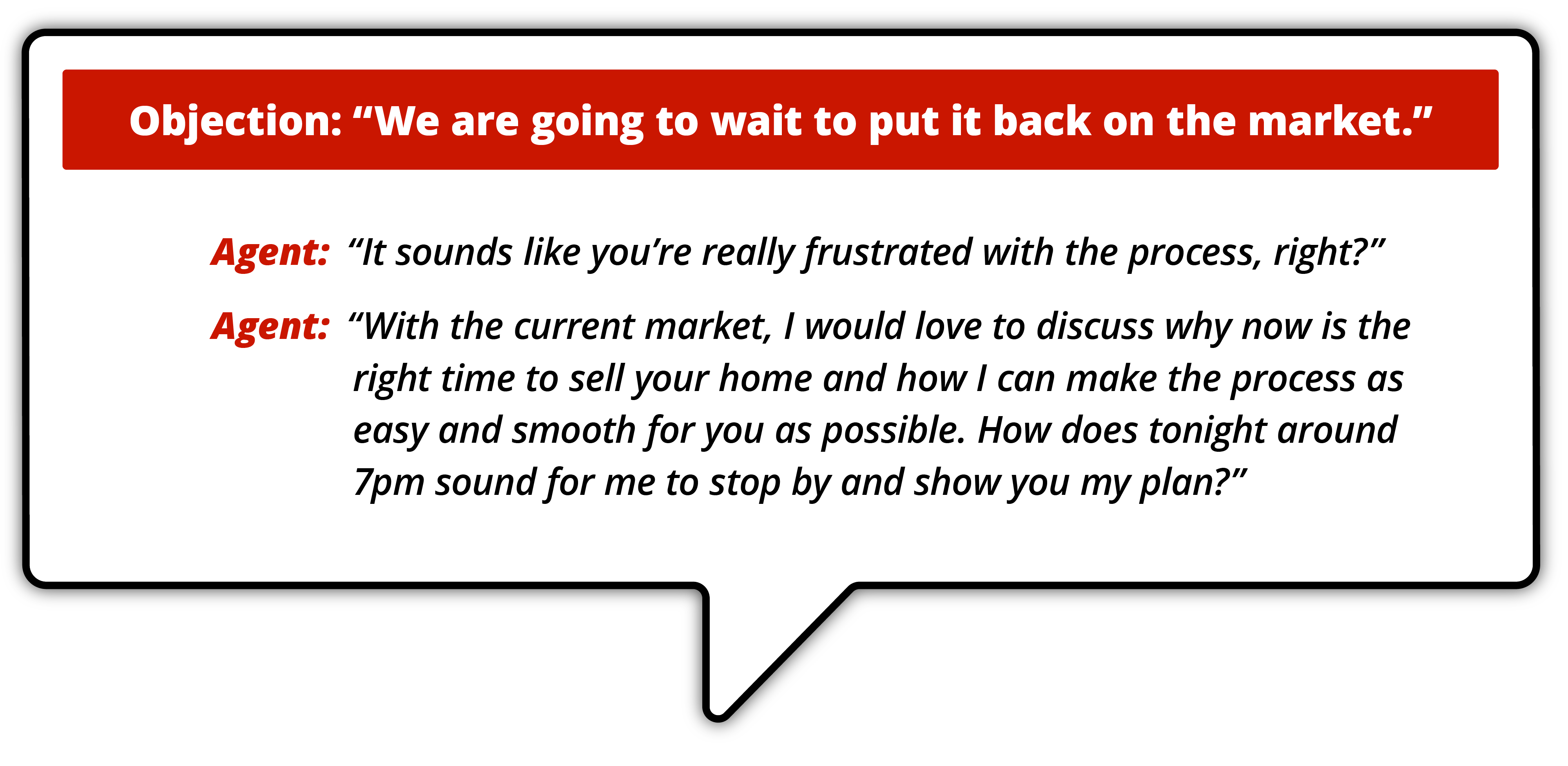 "Infographic titled 'Objection: "We are going to wait to put it back on the market."' showing a conversation where the agent acknowledges the homeowner's frustration and offers to discuss why now is the right time to sell."