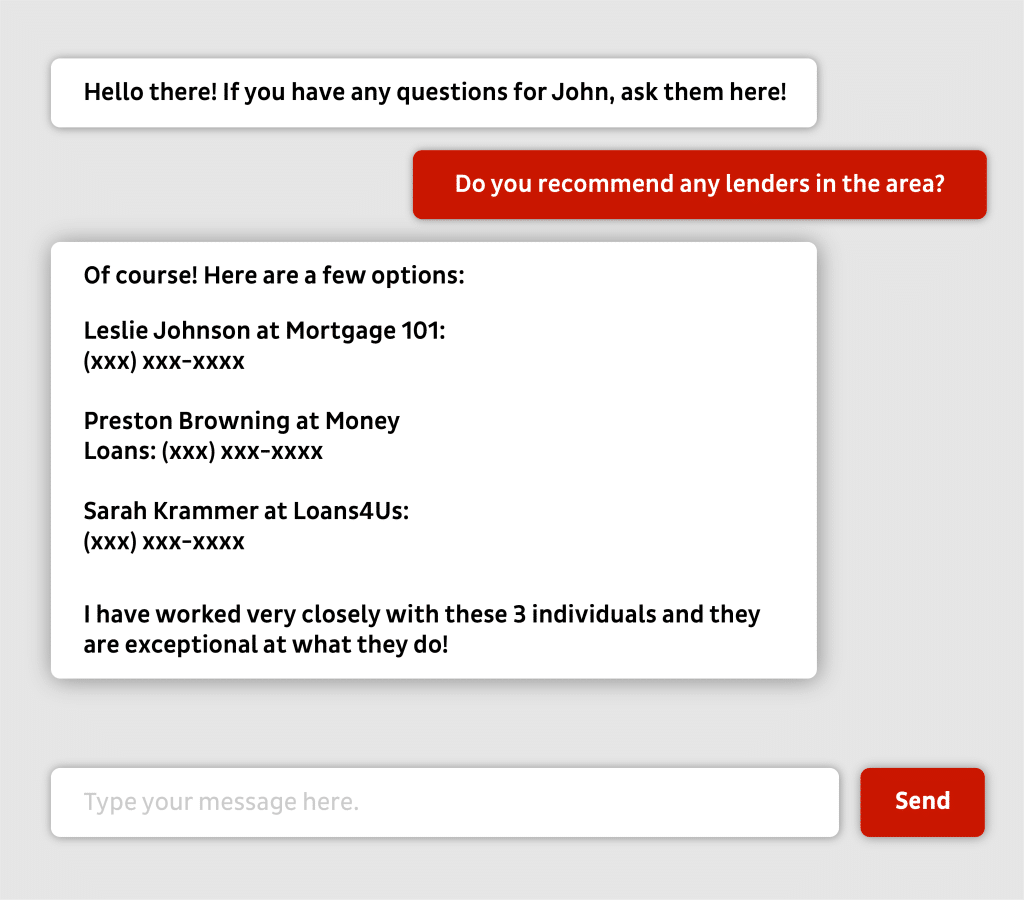 "Chat interface showing a conversation where a user asks, 'Do you recommend any lenders in the area?' The response lists three recommended lenders with contact details, affirming their exceptional service."
