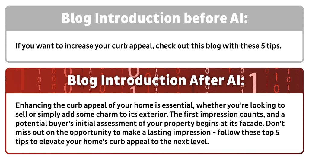 "Infographic titled 'Blog Introduction before AI vs. Blog Introduction After AI,' comparing two blog intros about increasing curb appeal. The 'Before AI' intro is brief, while the 'After AI' intro is detailed and engaging, emphasizing the importance of first impressions."