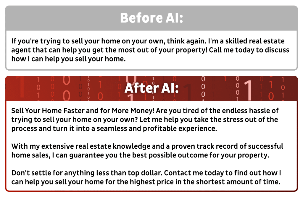 "Infographic titled 'Before AI vs. After AI,' comparing two property sales pitches. The 'Before AI' pitch is simple and direct, while the 'After AI' pitch is detailed, emphasizing faster sales, stress-free process, and achieving top dollar."