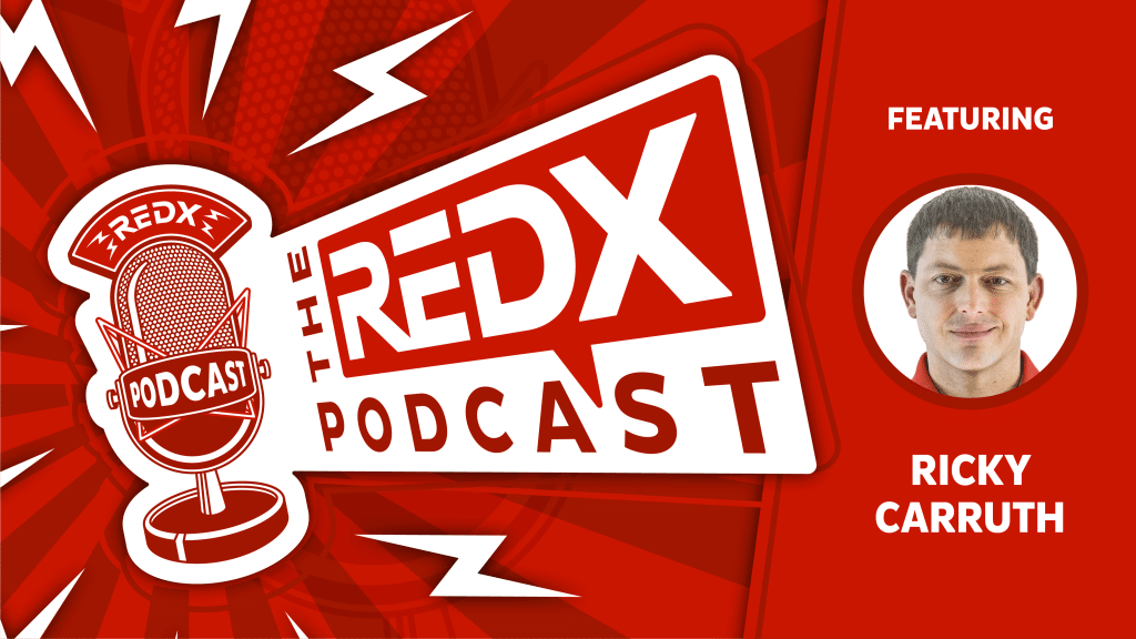 a red and white logo