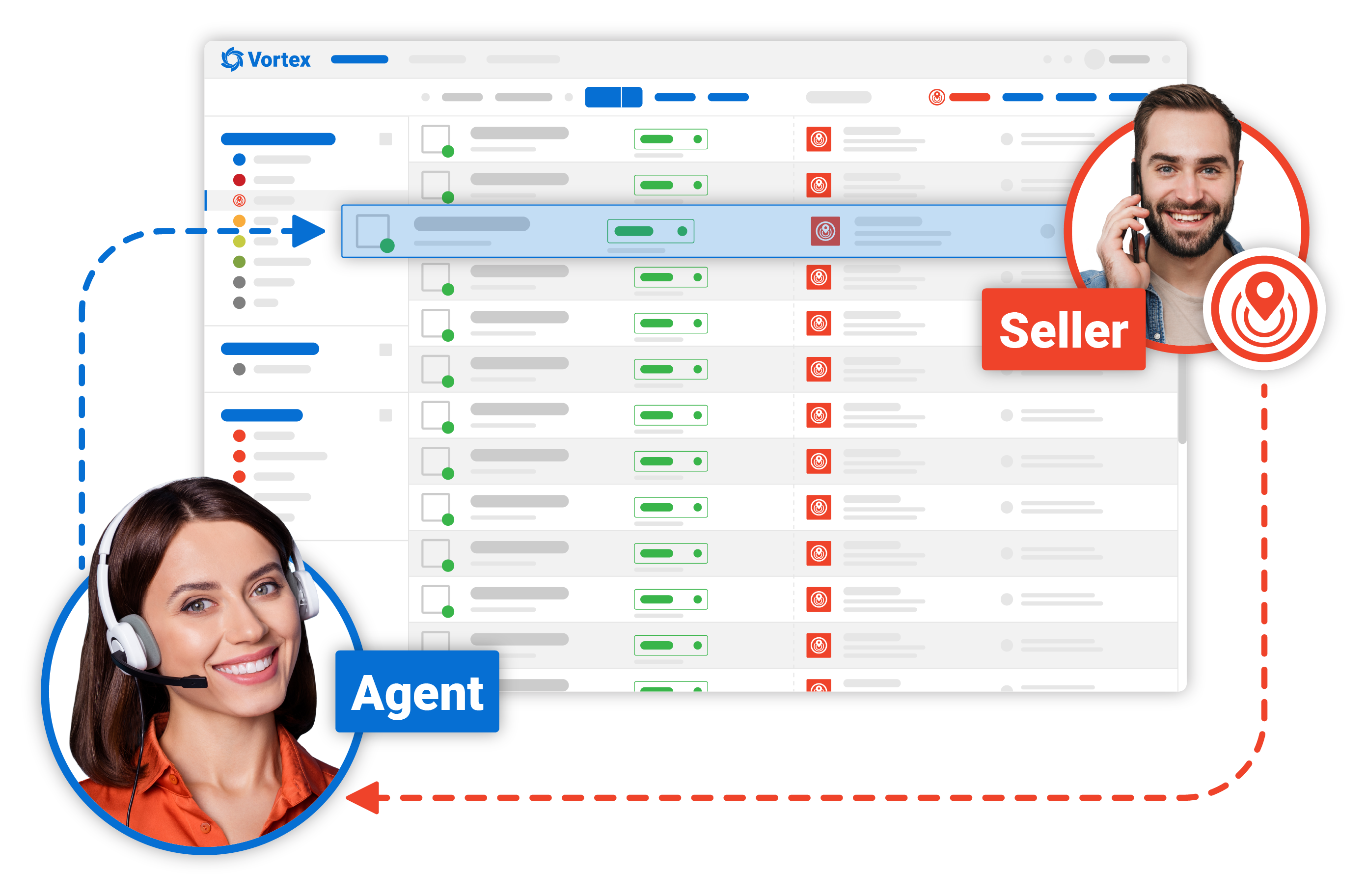 REDX Vortex graphic demonstrating an agent prospecting a seller lead inside vortex