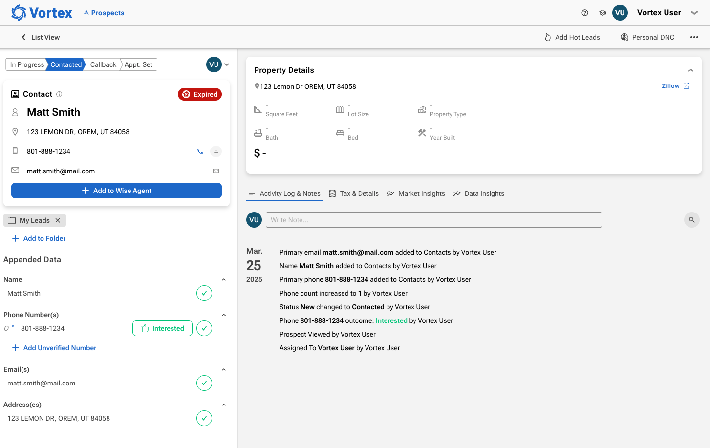 Screenshot of Vortex dashboard with Wise Agent Integration, ready to send leads to Wise agent