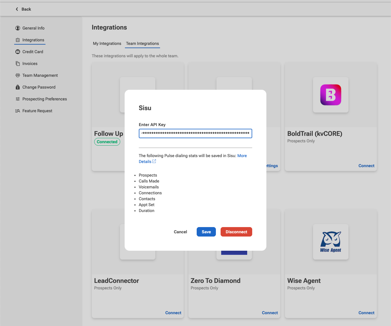 Screenshot of vortex dashboard showing a person connecting SISU to REDX with an API connection