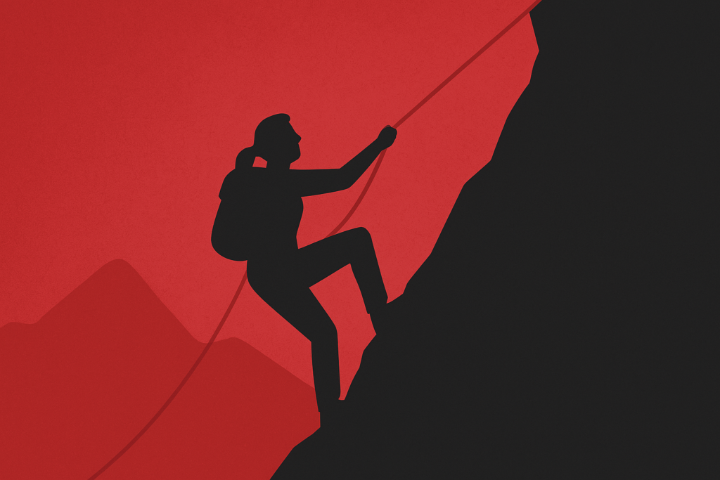 woman climbing a mountain to visually represent becoming comfortable with being uncomfortable 