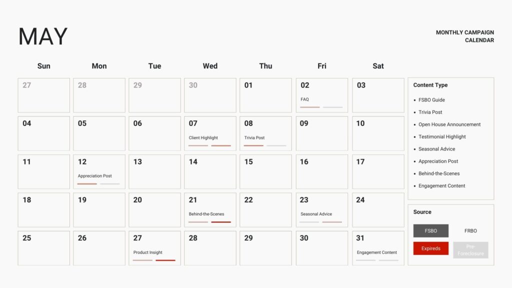 Example Content Calendar for May for Real Estate Agents