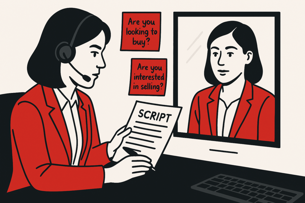 woman practicing her cold calling while reading a script with a friend.
