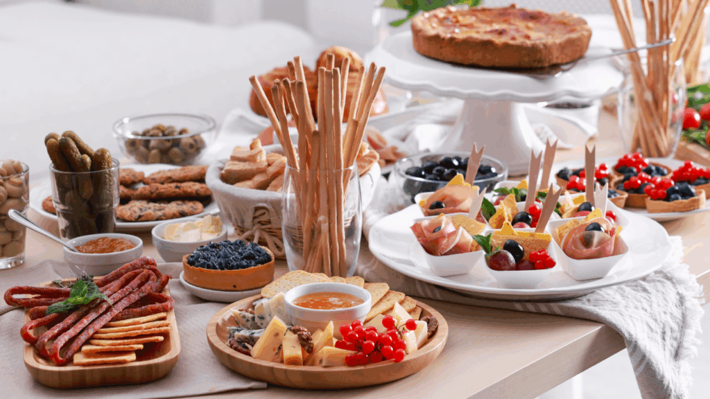 food nicely layed out on a table. 
