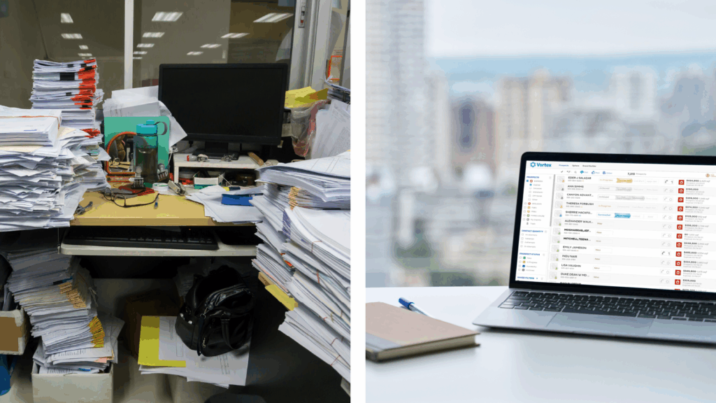 Split-screen comparison. Left side: Cluttered office with physical notebooks, post-it notes, and spreadsheets open. Right side: sleek multi-device setup showing REDX dashboard (laptop).