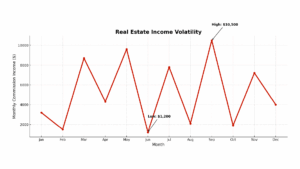 Line graph titled "Real Estate Income Volatility" showing monthly commission income over 12 months with dramatic peaks and valleys, with text overlay "The Typical Agent Income Cycle" and annotations pointing to high and low periods with specific dollar amounts
