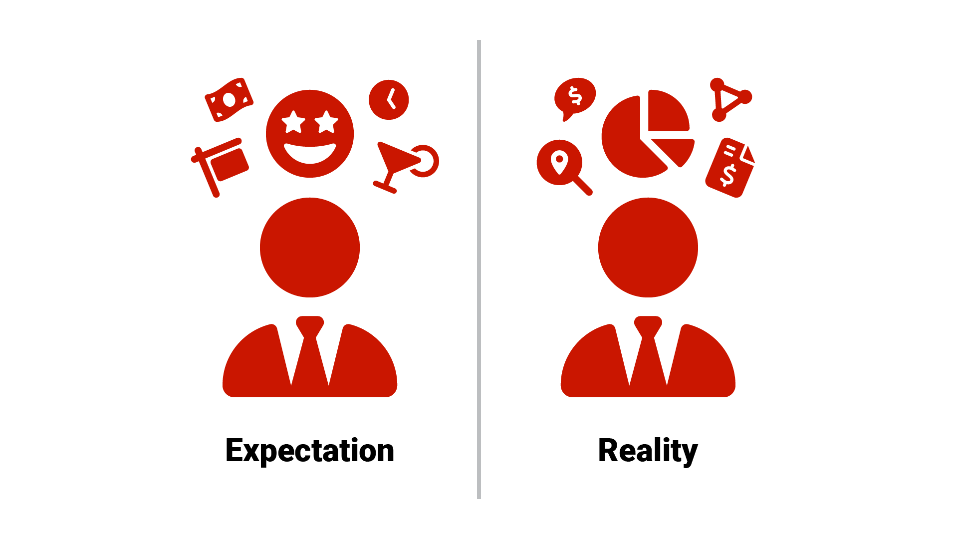 Split-screen comparison graphic titled "Expectation vs. Reality in Real Estate" with two columns showing contrasting images: left side shows "Expectation" with agent in business attire holding keys to luxury home with dollar signs; right side shows "Reality" with agent working late hours on phone and computer with calendar showing multiple appointments