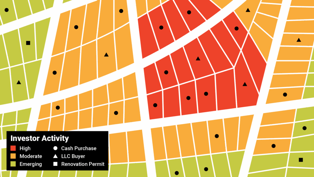 Heat map titled "Investor Activity Hotspots" showing a neighborhood map with color-coded areas indicating investor transaction density (red = highest activity, yellow = moderate, green = emerging). Include legend and small data points showing "Cash Purchases," "LLC Buyers," and "Renovation Permits" with REDX GeoLeads color HEX #EF432A used for the highest activity areas.