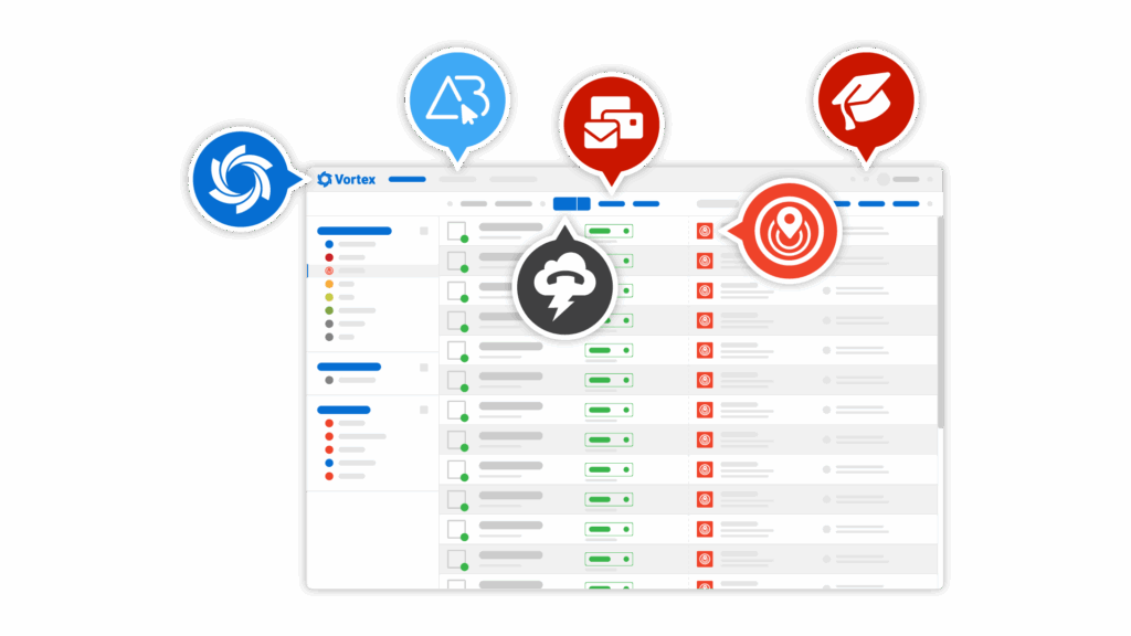 Screenshot mockup titled "REDX Vortex 2.0 Platform" showing a dashboard interface with sections for lead management, marketing automation, and client communication.
