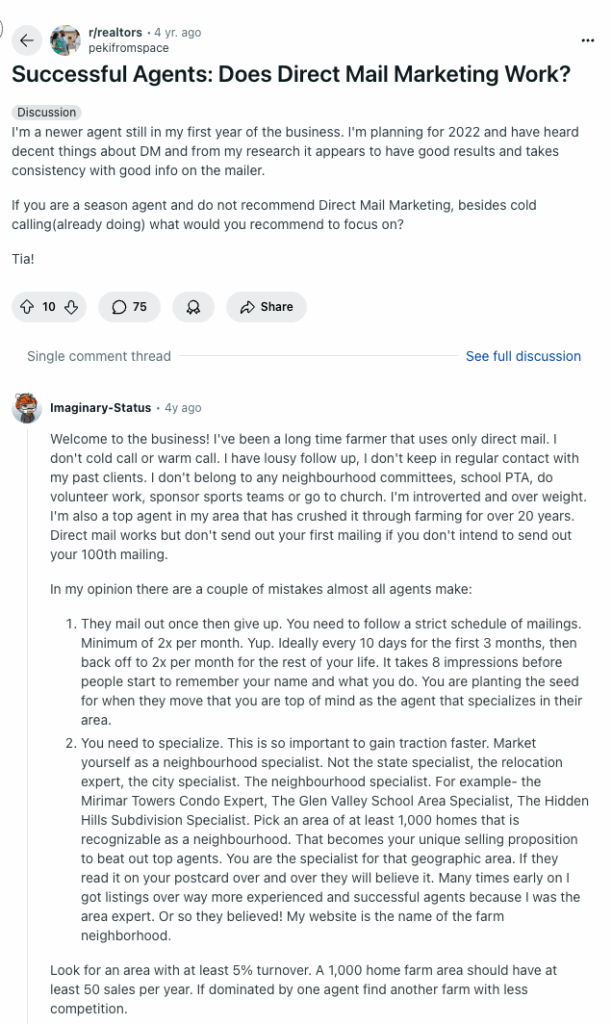 Screenshot of a reddit comment from a successful agent that ONLY uses postcards but they only recomend it if you do it 100 times. 
