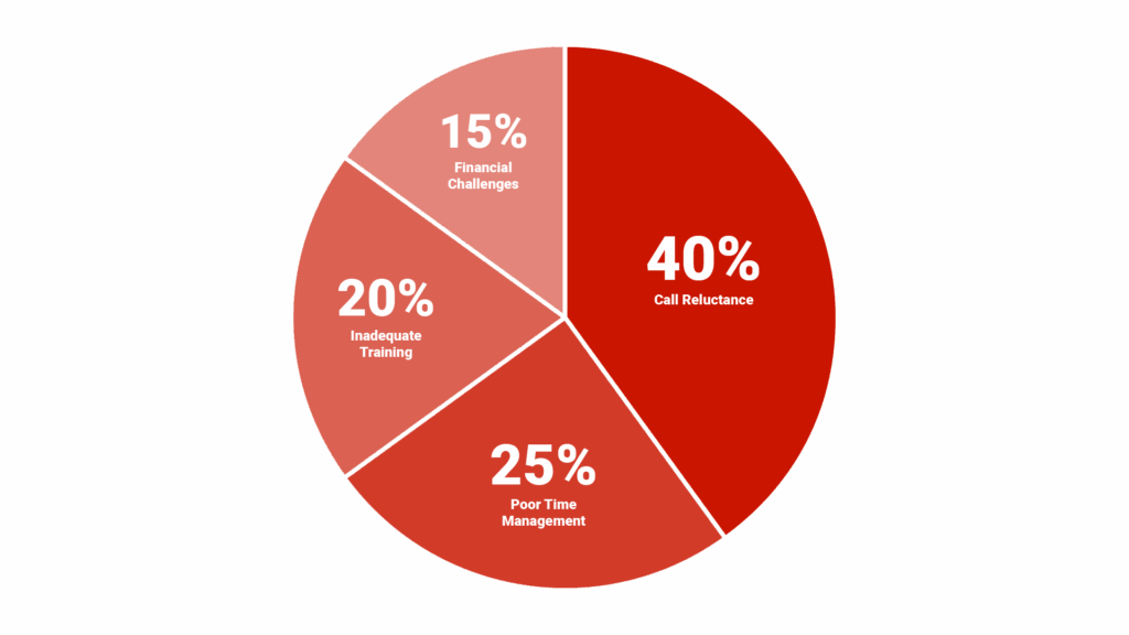 Pie chart titled "Why New Agents Fail in Real Estate" showing four segments: Call Reluctance (40%), Poor Time Management (25%), Inadequate Training (20%), Financial Challenges (15%).
