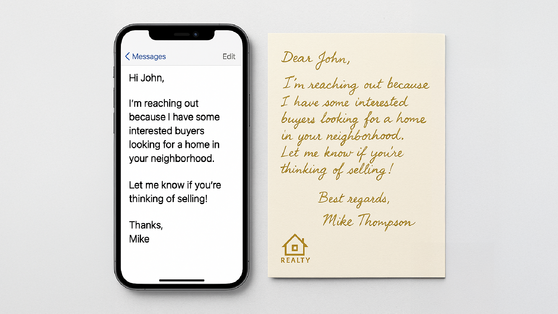 Side-by-side comparison titled Digital vs. Golden Communication showing an email/text message on a smartphone screen (left) and a handwritten golden letter with a real estate logo and personal signature (right)