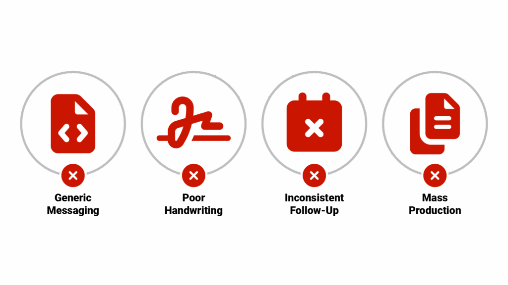 Golden Letter Mistakes to Avoid showing 4 common errors with X marks: 1) Generic messaging (showing a template letter), 2) Poor handwriting (showing illegible writing), 3) Inconsistent follow-up (showing a calendar with missed appointments), 4) Mass production (showing assembly-line letters)