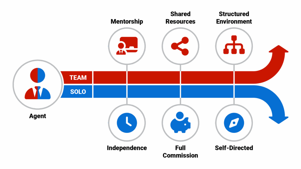 two diverging paths with icons representing key differences: Team path (mentorship, shared resources, structured environment) and Solo path (independence, full commission, self-directed)