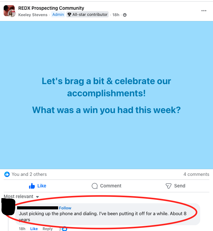 REDX Private Facebook Community Example Post showing agent working on the phones to get out of real estate burnout.