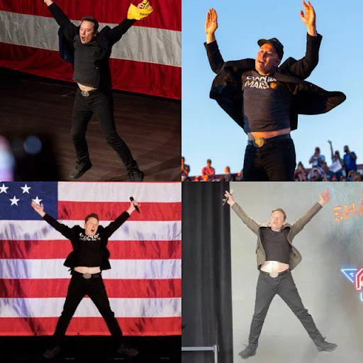 4 pictures of Elon musk jumping in the air with hands and legs up to symbolize the 'X' platform formerly known as twitter