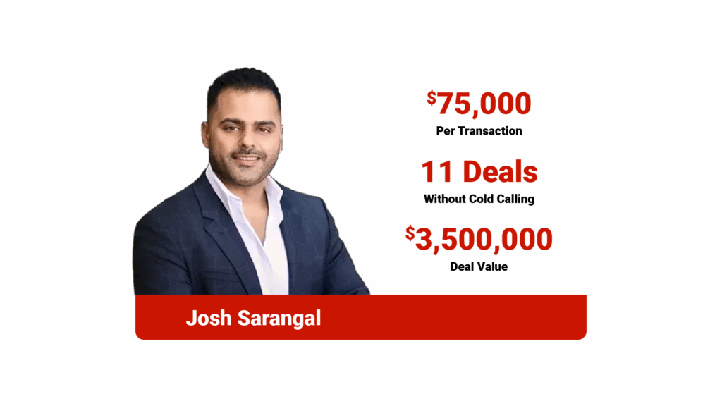 Infographic showing Josh Sarangal's headshot, and core statistics to the right of his name including: $75k Per transaction, 11 Deals w/o cold calling, $3.5 Million Deal Value.