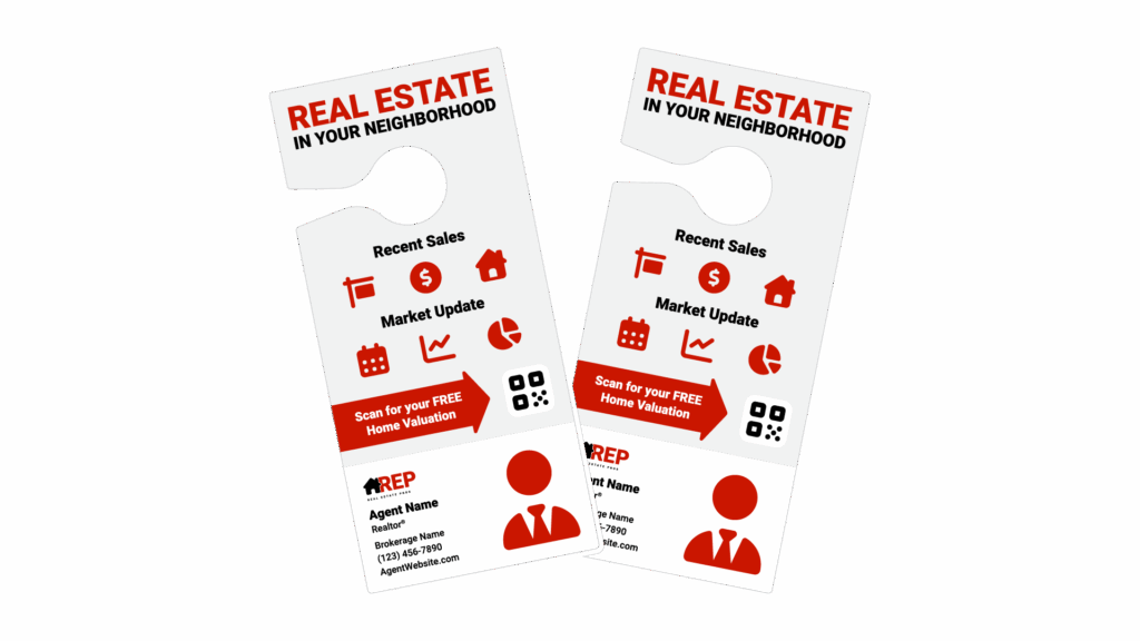 Infographic titled "Door Knocking Value Package" showing a door hanger template with three sections: "Recent Sales" (with sample data points), "Market Update" (with bullet points of neighborhood stats), and "Free Home Valuation Offer" (with contact information form mockup).