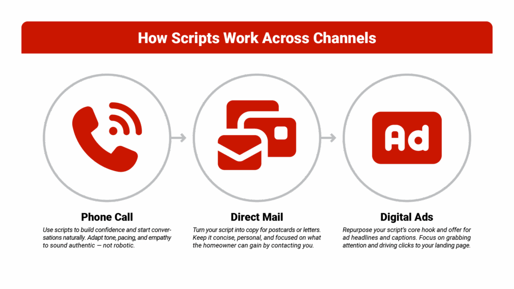 Three-column graphic titled "How Scripts Work Across Channels" showing the same script concept adapted for: Phone Call (speech bubble icon), Direct Mail (postcard icon), and Digital Ads (mobile phone icon)