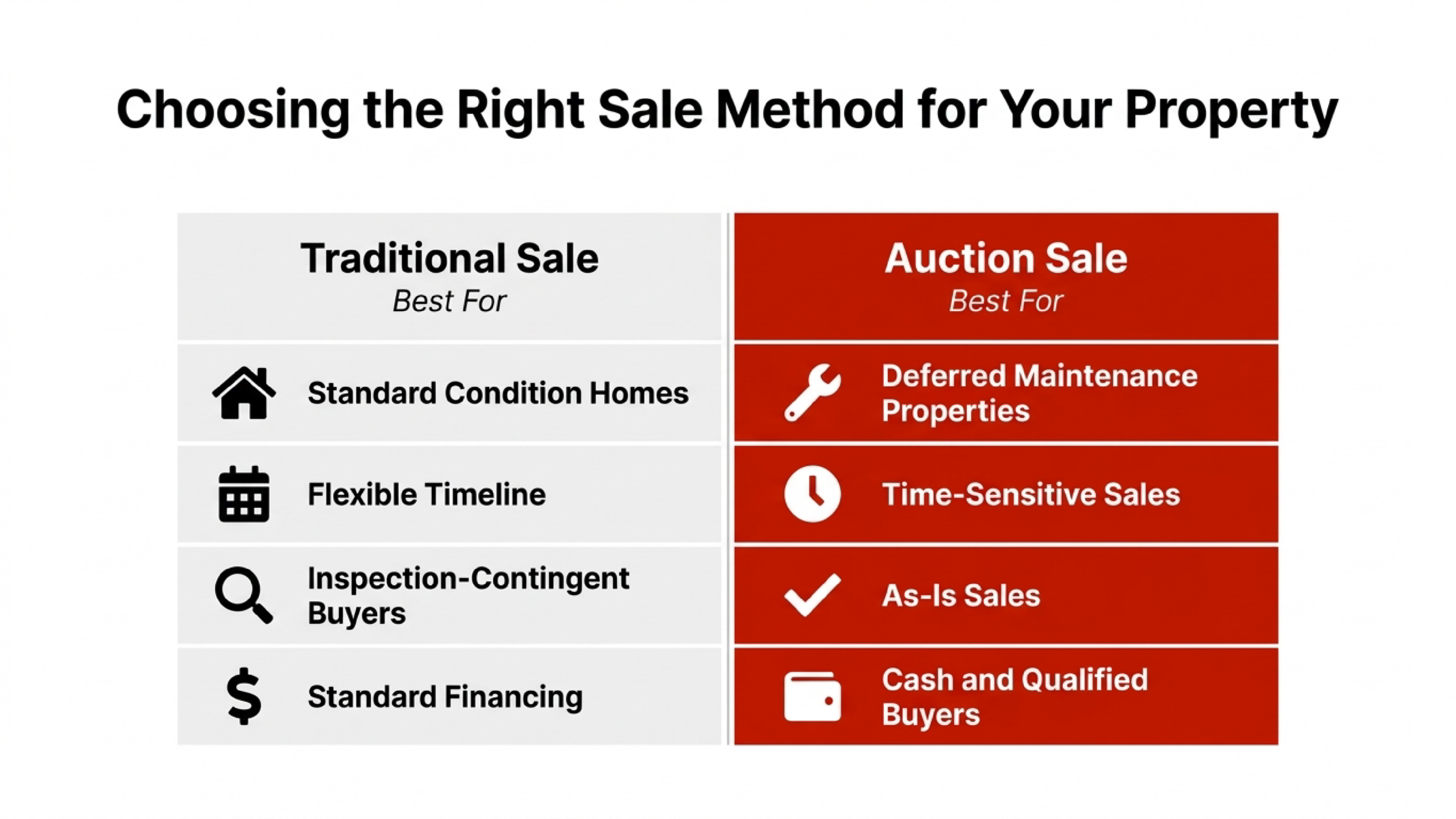 Split comparison image detailing traditional vs auction sale methodology. Traditional sale methods come with standard condition homes, flexible timelines, inspection contingent buyers and standard financing. Auction properties often are time sensitive sales with deferred maintenance properties that are as is sales with cash and qualified buyers. 