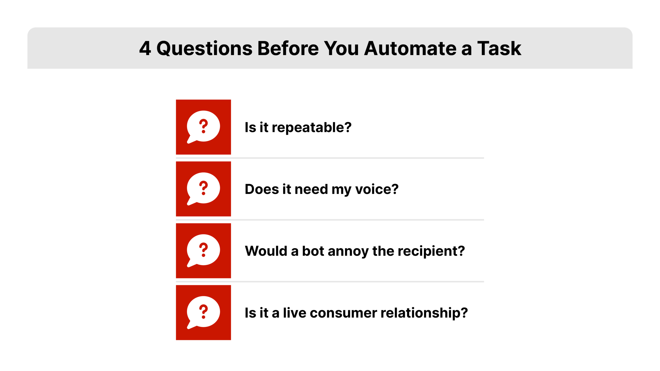 Flat 2D vector vertical flowchart with four sequential decision nodes connected by arrows, guiding an agent through the AI for real estate prospecting decision of what to automate versus what to keep human. Nodes in REDX red with dark gray connectors.