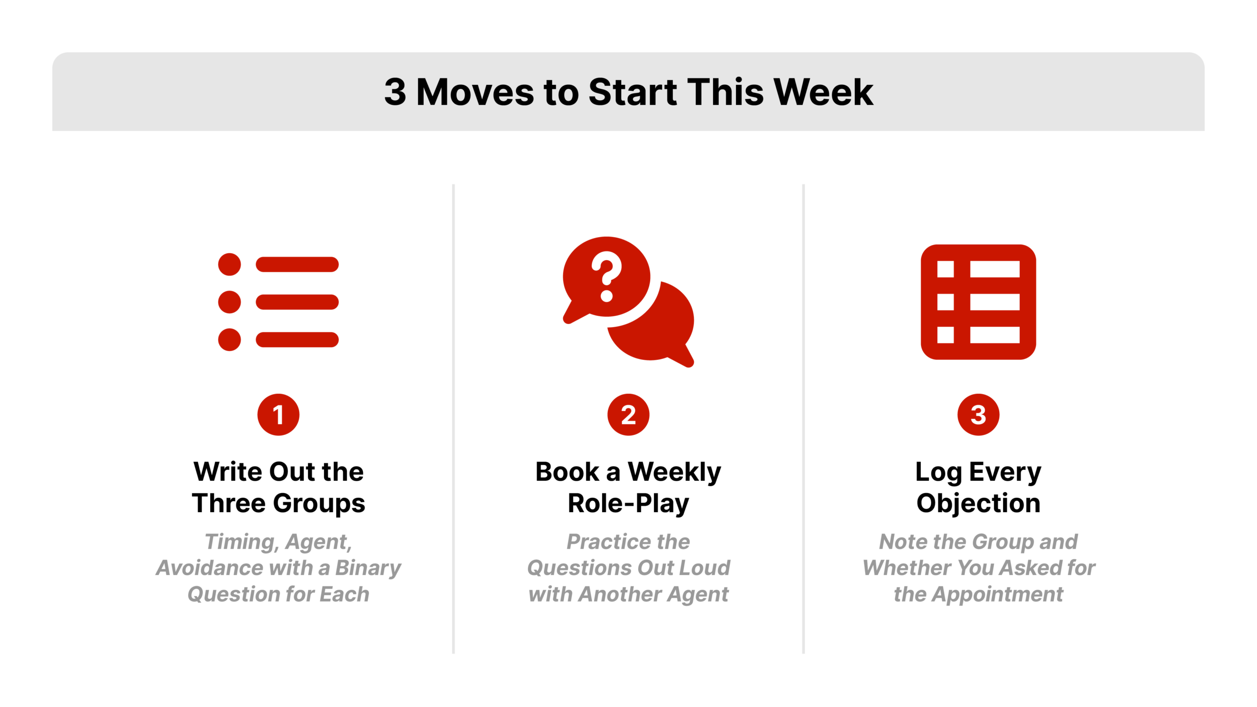 Flat 2D vector numbered list of three moves to overcome objections in real estate this week, with write out the three objection groups, book a weekly role-play, and log every objection, in REDX red numbers.