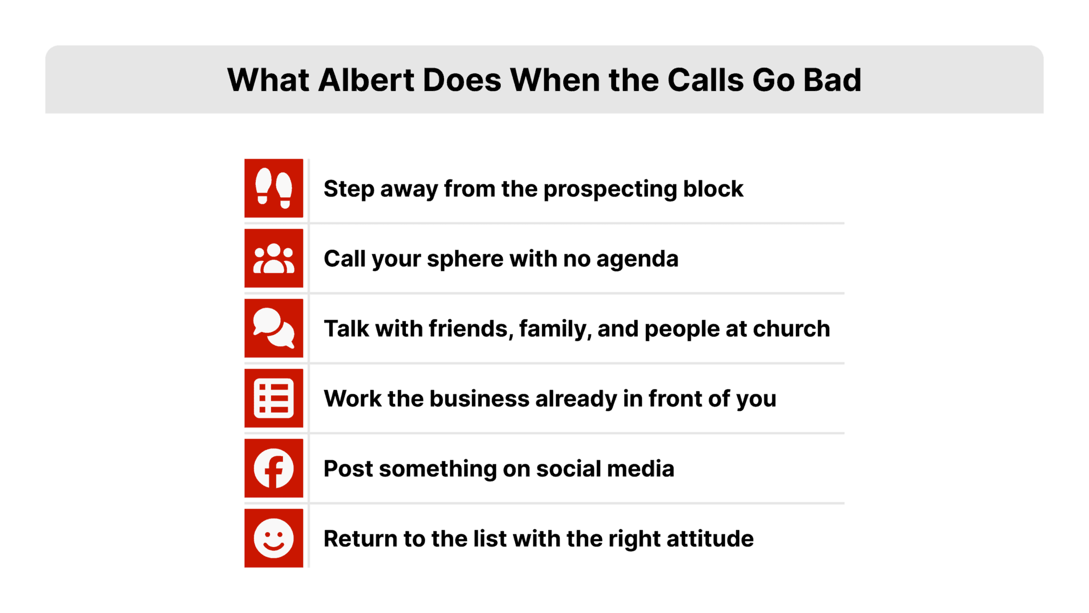 Six-step horizontal flat vector process flow in REDX red and gray for cold calling without a script, tracing an agent from a discouraging call block through sphere conversations and existing business back to dialing with a better attitude.