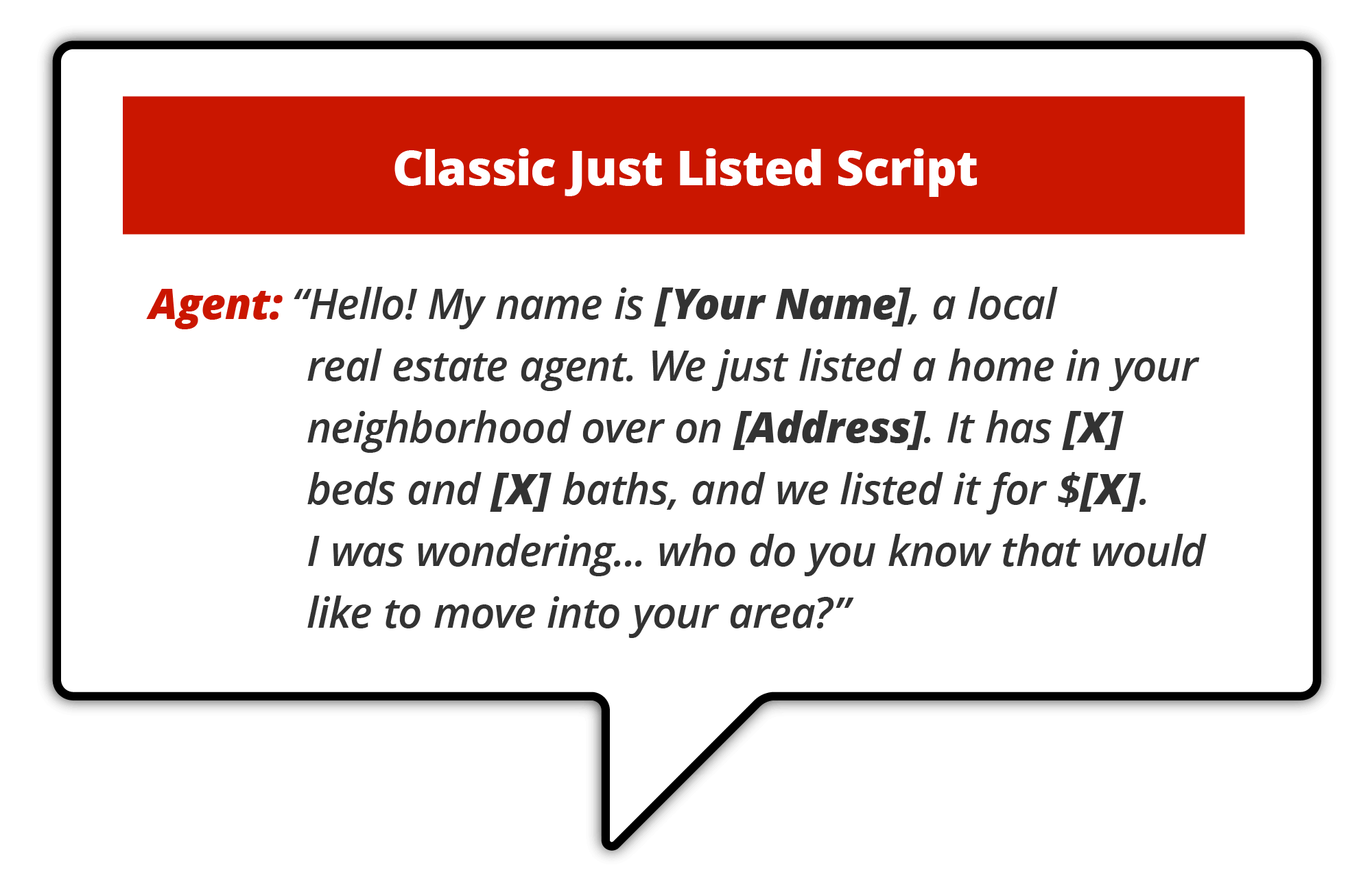 "Infographic titled 'Classic Just Listed Script,' showing a conversation script for real estate agents to introduce a newly listed property in the neighborhood."