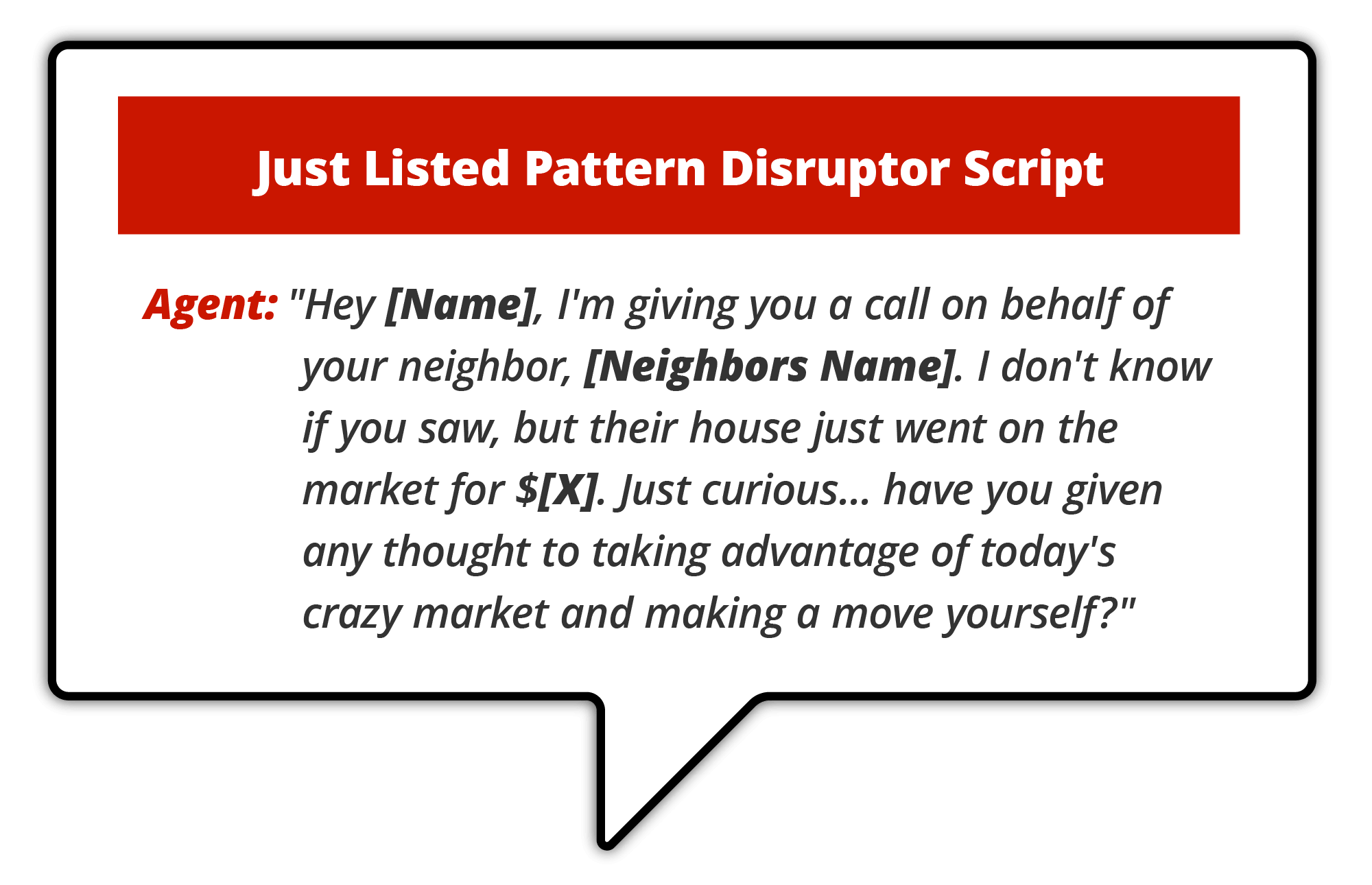 "Infographic titled 'Just Listed Pattern Disruptor Script,' showing a conversation script for real estate agents to notify neighbors about a recently listed property and suggest they consider selling."