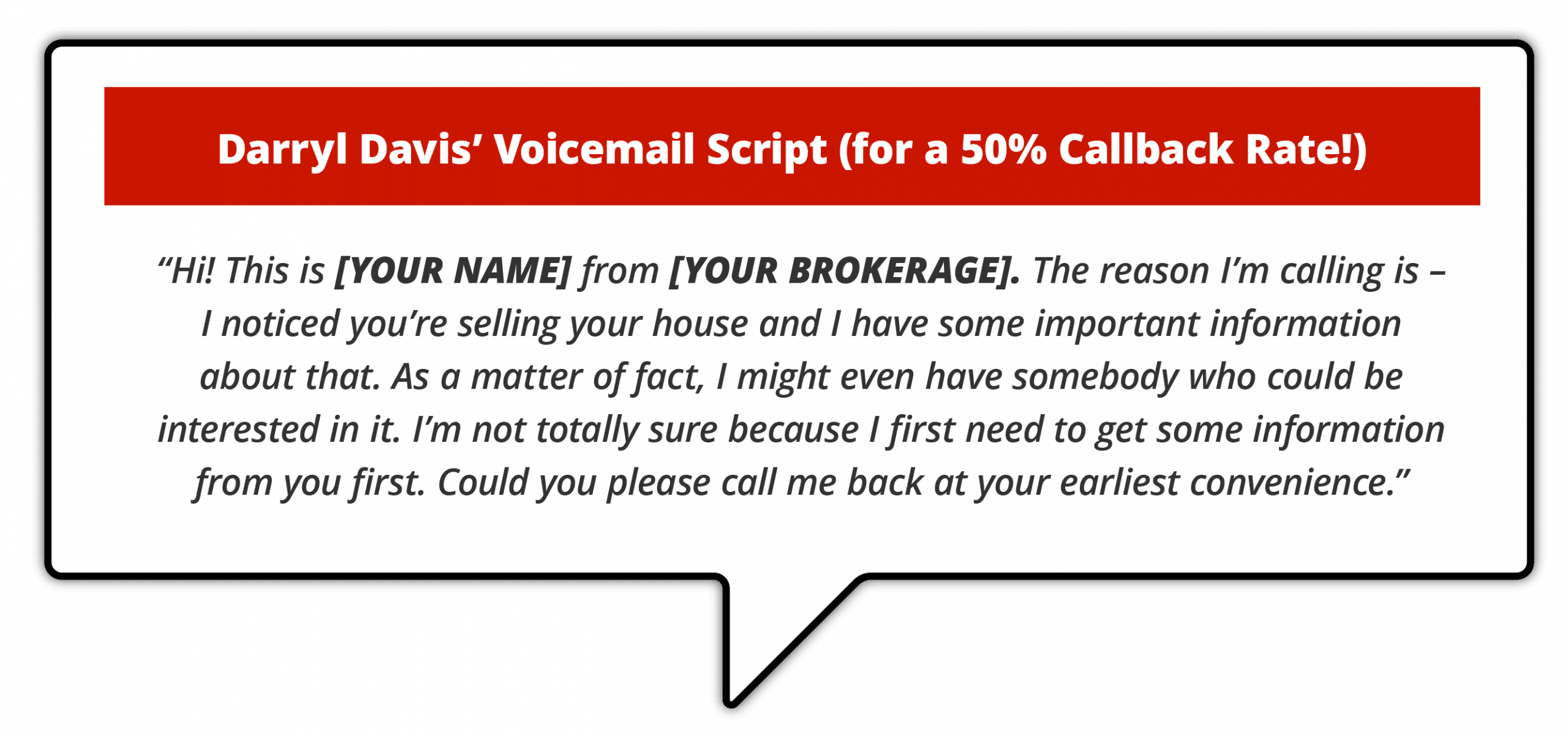 "Infographic titled 'Darryl Davis’ Voicemail Script (for a 50% Callback Rate!)' showing a script for agents to use when leaving a voicemail to increase the chances of a callback."