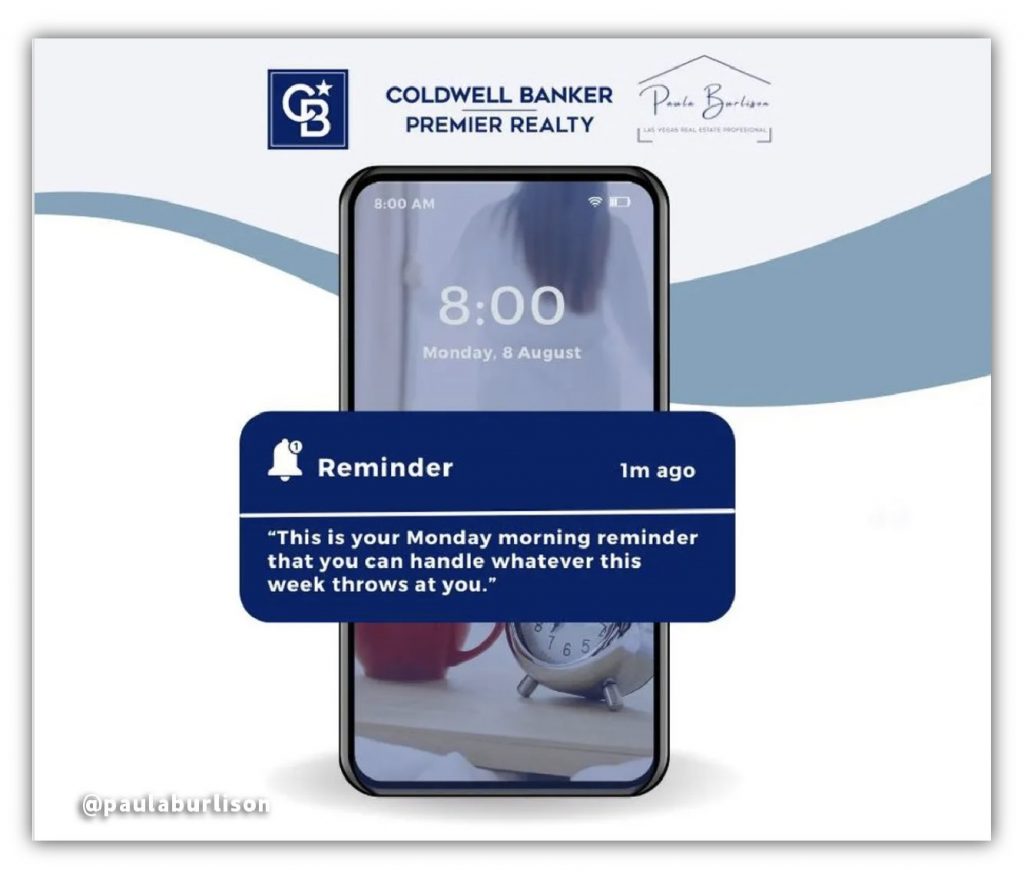 Image-  smartphone screen displaying a reminder with the text . The Coldwell Banker Premier Realty logo is in the top left corner.