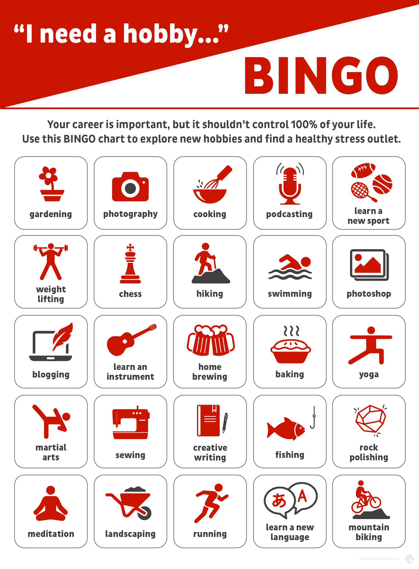 Hobby bingo: Photography, cooking, podcasting, learning a new sport, weight lifting, chess, hiking, swimming, photoshop, blogging, learning an instrument, home brew, baking, yoga, sewing, fishing, rock polishing, meditation, landscaping, running and mountain biking. 