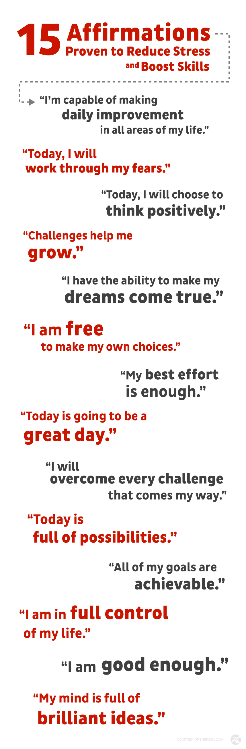 15 affirmations: "I will choose to think positively, challenges help me GROW, Today is going to be great, I am in full control and more